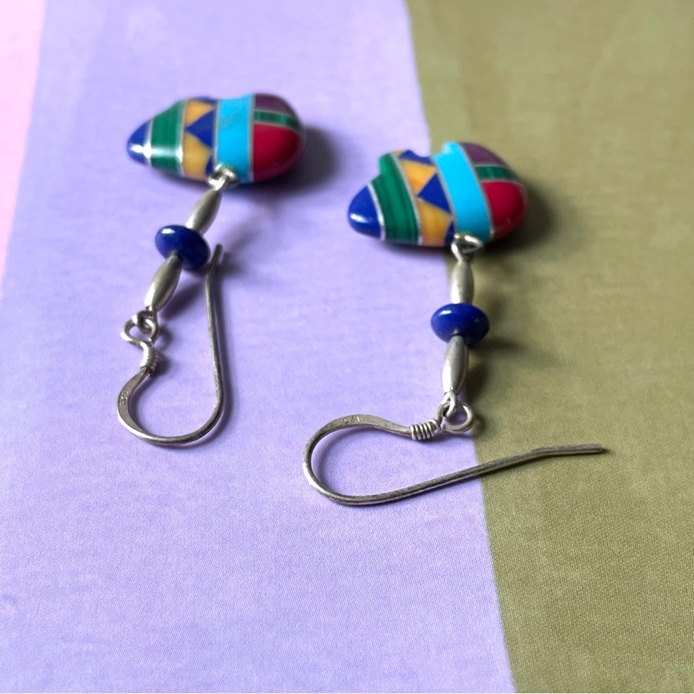 Vtg stamped 925 sterling silver Southwestern inlay fetish bear dangle earrings - Picture 4 of 10
